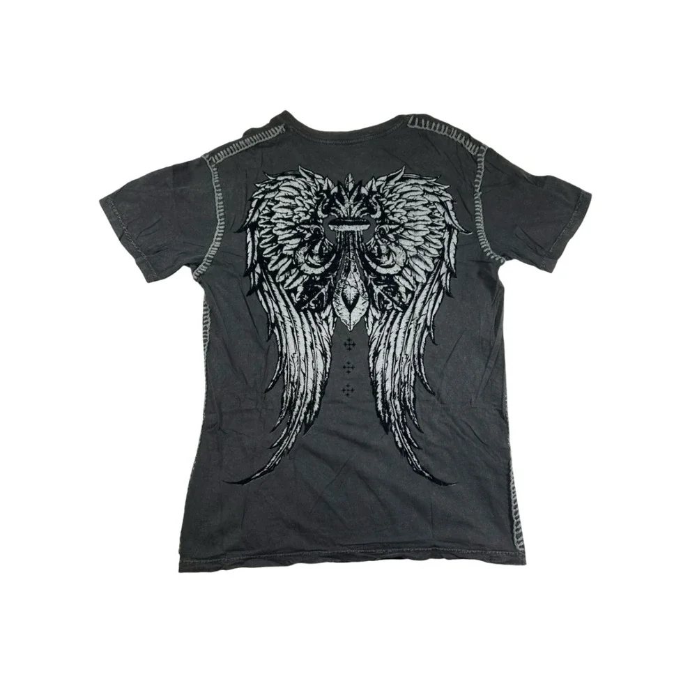 Raw State Mens XL V-Neck T-Shirt Faded Black Winged Cross Flocked Graphic Y2K